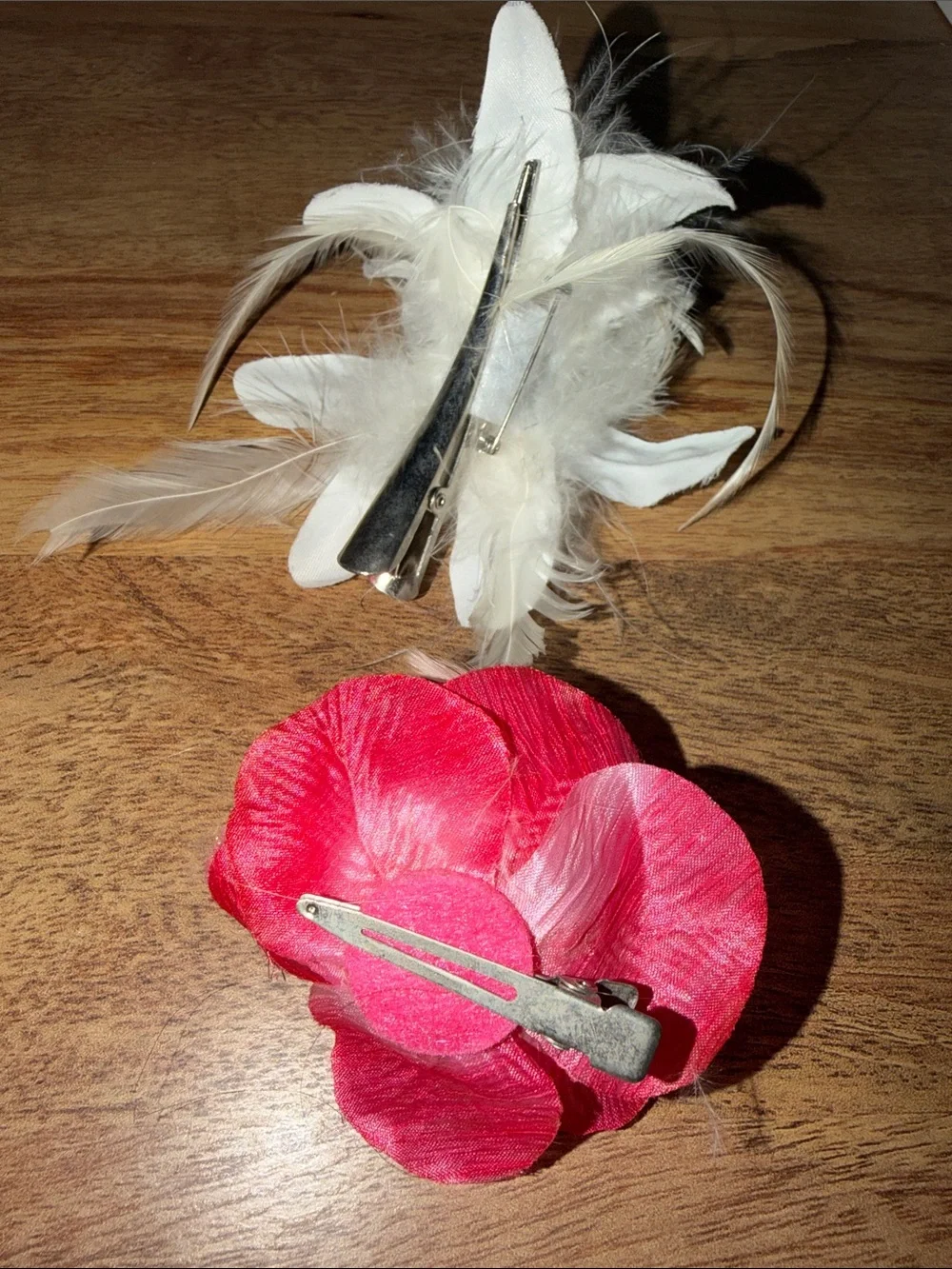 White Feather and Pink Rose Hair Clip Set